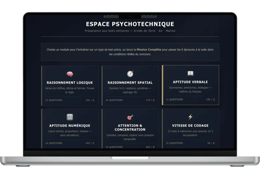 Tests psychotechniques armée 2026 : exemples corrigés et méthode.